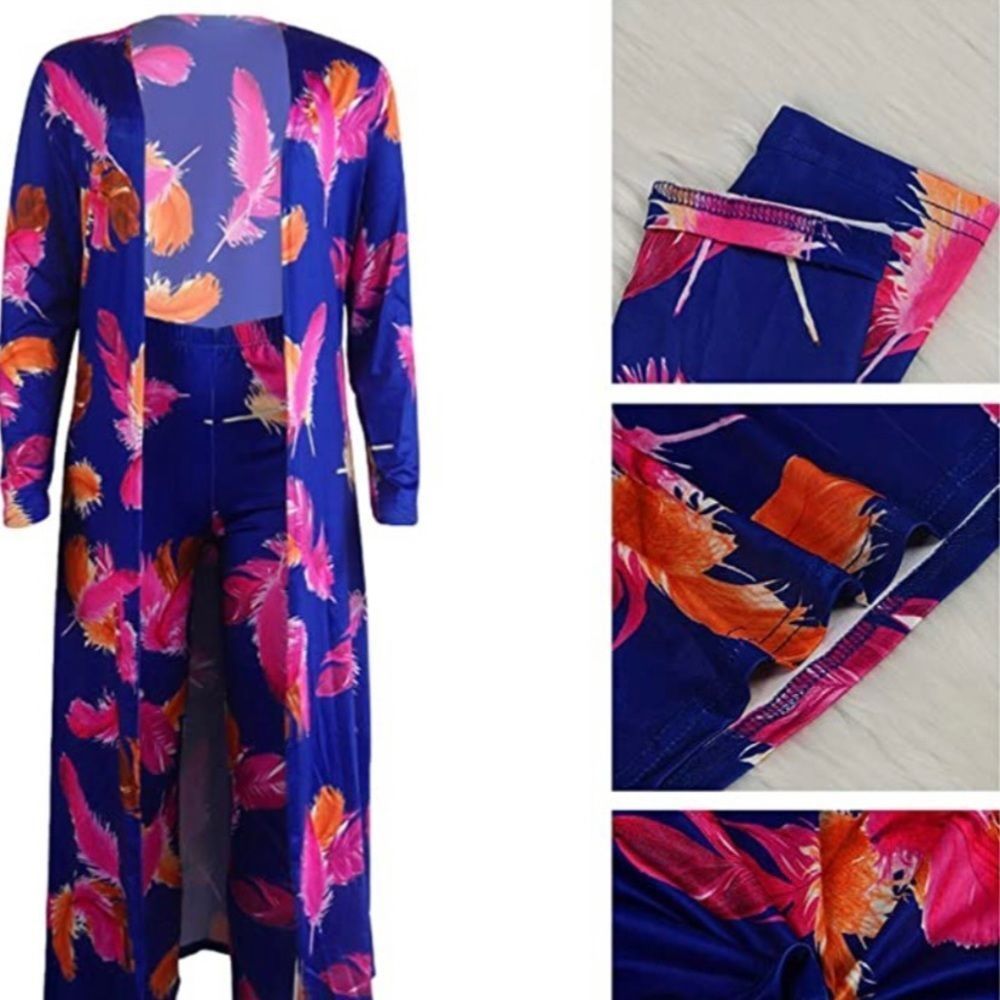 Pink - Y&P printed Long Cardigans 2 Piece Outfits,Long Sleeve Coat and Trousers… - Picture 2 of 5